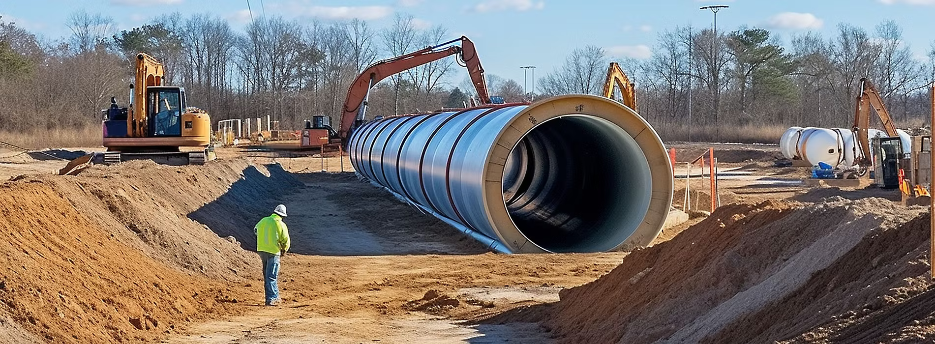 Pose de conduites en béton sur un chantier municipal